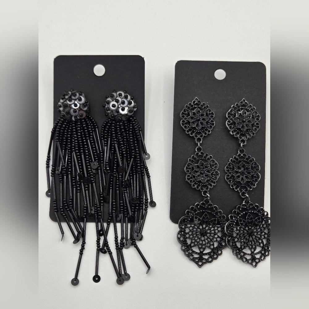 VINTAGE Fashion Earrings Black Metal & Sequen with Strands Of Beads